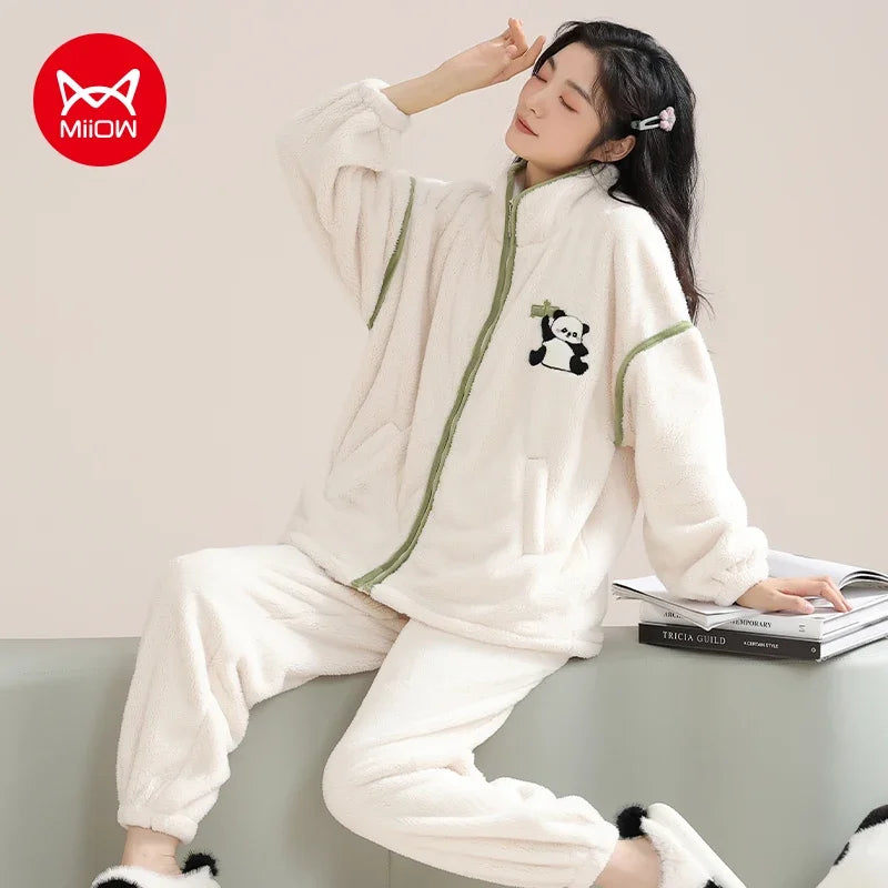 Flannel Winter Women's Pajamas Set Warm Coral Fleece Zipper Ladies Loungewear Cute Bunny Girl Sleepwear Loose Home Suits