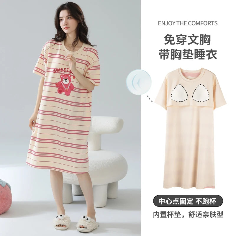 Cotton Women Nightgown Korean Style Cute Printed Girls Night Dress Summer Short Sleeve Homewear Womens Sleepwear Dresses