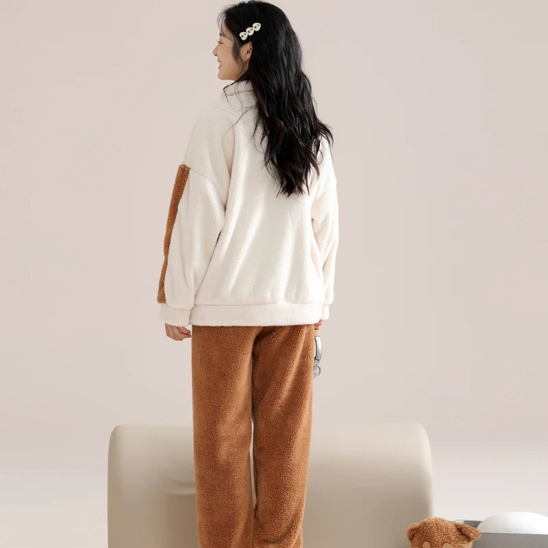Winter Zipper Women Pajamas Set Flannel Warm Sleepwear Thicken Soft Coral Fleece Loungewear Cute Cartoon Bear Girl Pyjamas