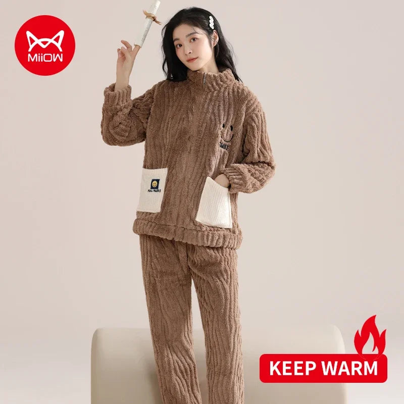 Winter Flannel Warm Women's Pajamas Set Pink Zipper Long-sleeves Sleepwear Thicken Coral Fleece Loungewear Female Pajamas