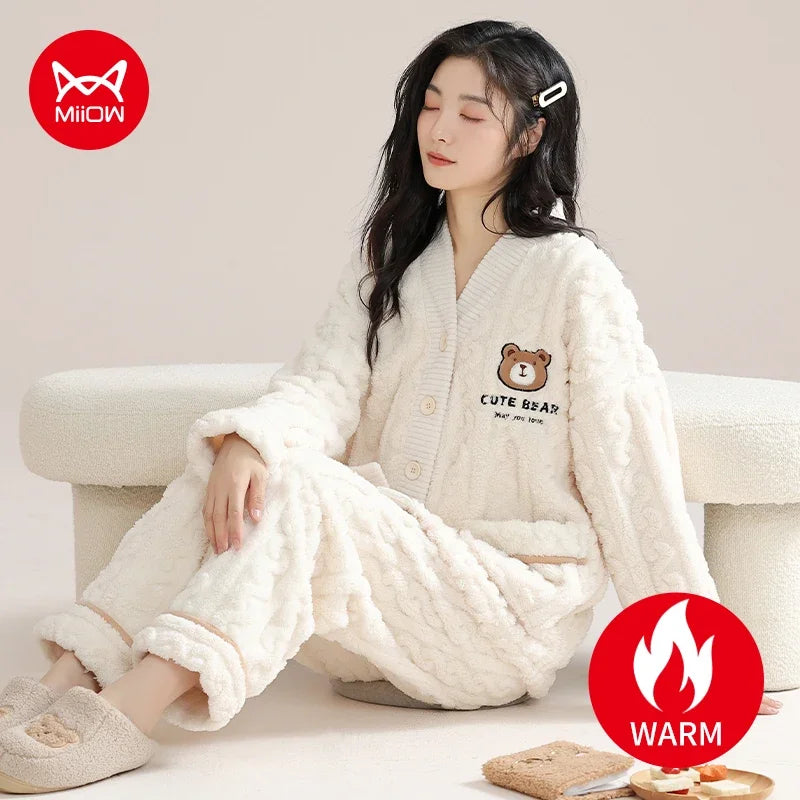 Winter Zipper Women Pajamas Set Flannel Warm Sleepwear Thicken Soft Coral Fleece Loungewear Cute Cartoon Bear Girl Pyjamas