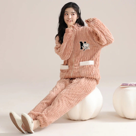 Winter Flannel Warm Women's Pajamas Set Pink Zipper Long-sleeves Sleepwear Thicken Coral Fleece Loungewear Female Pajamas