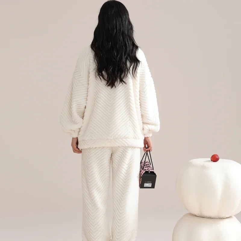 Flannel Winter Women's Pajamas Set Warm Coral Fleece Zipper Ladies Loungewear Cute Bunny Girl Sleepwear Loose Home Suits