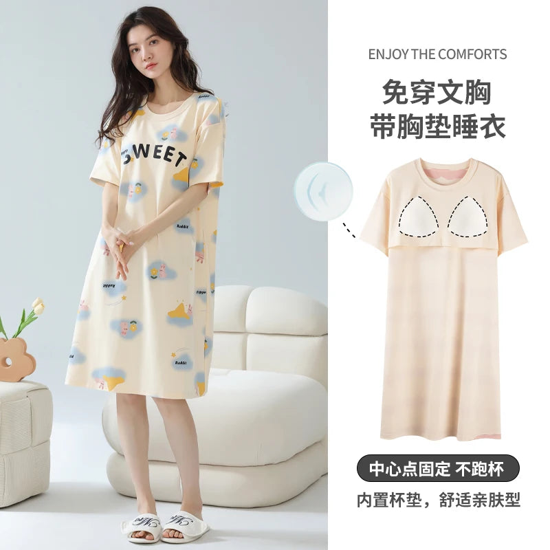 Cotton Women Nightgown Korean Style Cute Printed Girls Night Dress Summer Short Sleeve Homewear Womens Sleepwear Dresses