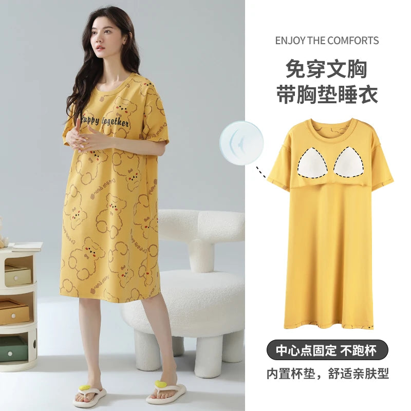 Cotton Women Nightgown Korean Style Cute Printed Girls Night Dress Summer Short Sleeve Homewear Womens Sleepwear Dresses