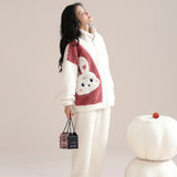 Flannel Winter Women's Pajamas Set Warm Coral Fleece Zipper Ladies Loungewear Cute Bunny Girl Sleepwear Loose Home Suits