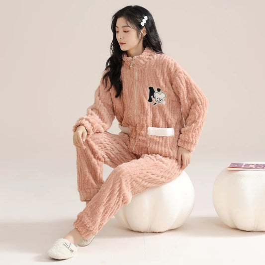 Winter Flannel Warm Women's Pajamas Set Pink Zipper Long-sleeves Sleepwear Thicken Coral Fleece Loungewear Female Pajamas