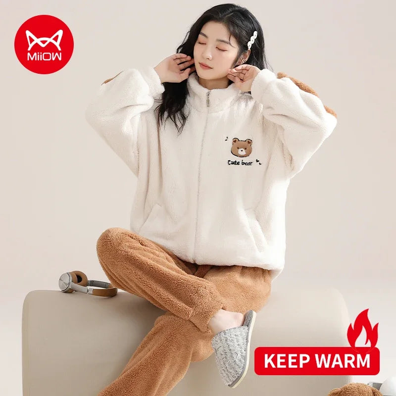 Flannel Winter Women's Pajamas Set Warm Coral Fleece Zipper Ladies Loungewear Cute Bunny Girl Sleepwear Loose Home Suits