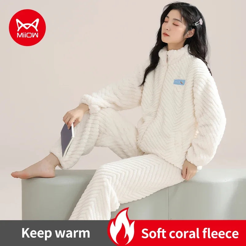 Winter Zipper Women Pajamas Set Flannel Warm Sleepwear Thicken Soft Coral Fleece Loungewear Cute Cartoon Bear Girl Pyjamas