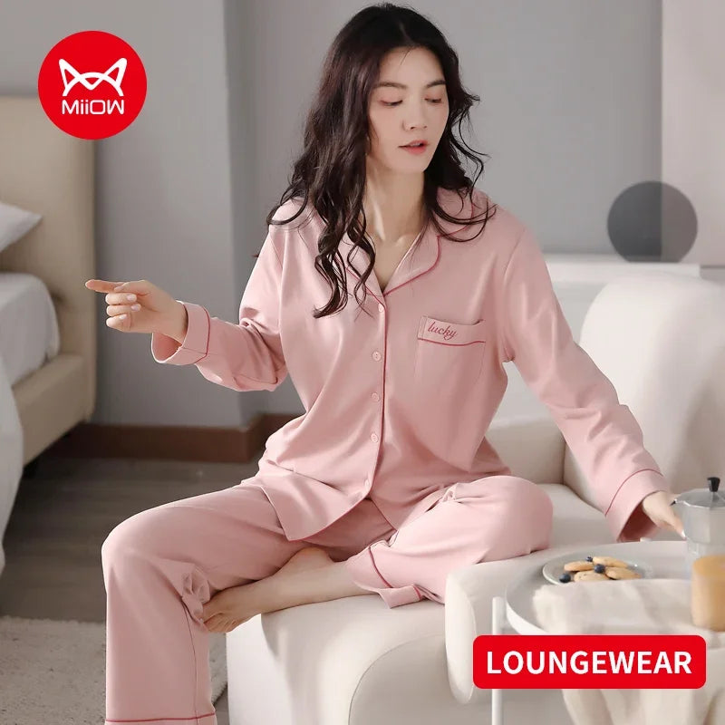 Winter Women's Pajamas Set Cotton Loungewear Female Sexy Orange Ladies Turn-down Collar Sleepwear Loose Long-sleeve Pajama