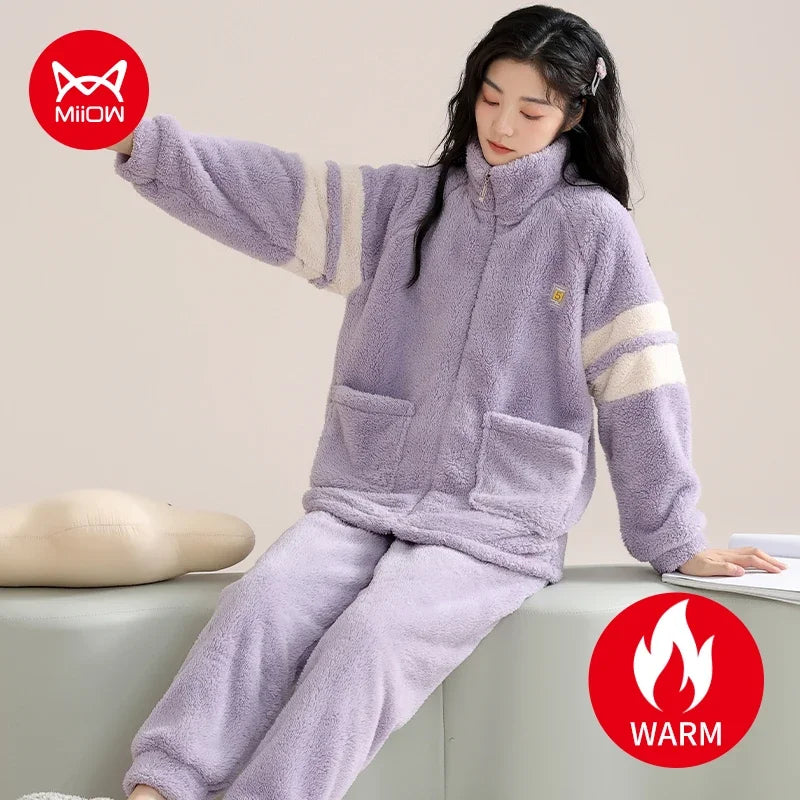 Flannel Winter Women's Pajamas Set Warm Coral Fleece Zipper Ladies Loungewear Cute Bunny Girl Sleepwear Loose Home Suits