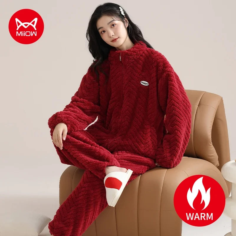 Winter Zipper Women Pajamas Set Flannel Warm Sleepwear Thicken Soft Coral Fleece Loungewear Cute Cartoon Bear Girl Pyjamas
