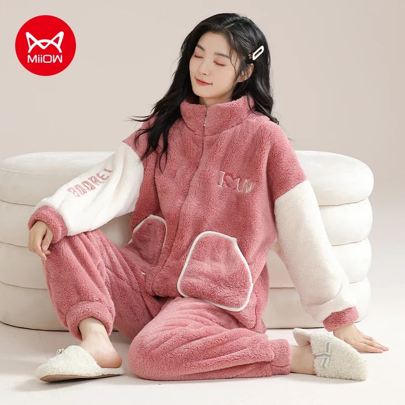 Winter Zipper Women Pajamas Set Flannel Warm Sleepwear Thicken Soft Coral Fleece Loungewear Cute Cartoon Bear Girl Pyjamas