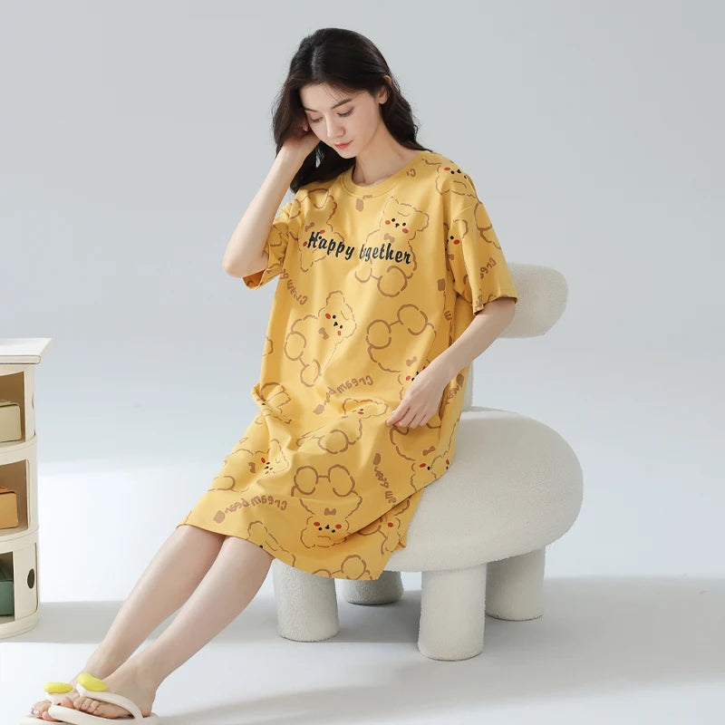 Cotton Women Nightgown Korean Style Cute Printed Girls Night Dress Summer Short Sleeve Homewear Womens Sleepwear Dresses