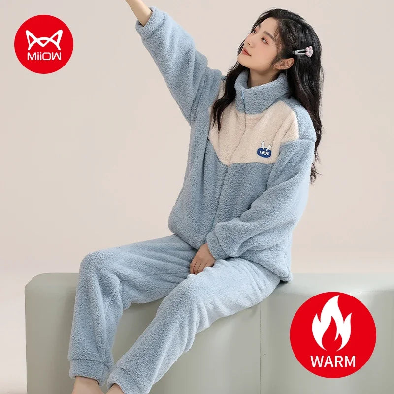 Flannel Winter Women's Pajamas Set Warm Coral Fleece Zipper Ladies Loungewear Cute Bunny Girl Sleepwear Loose Home Suits