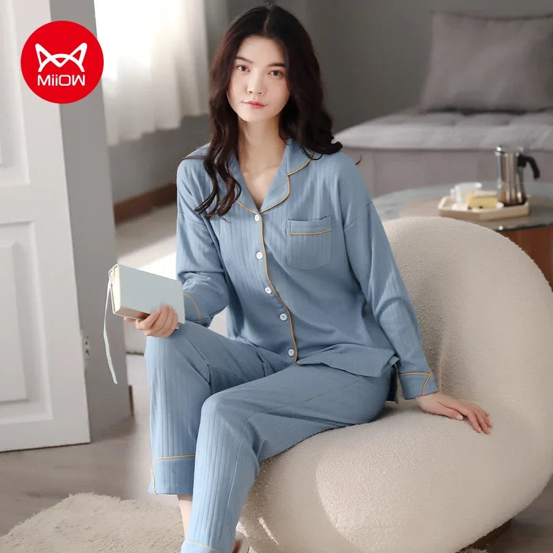 Winter Women's Pajamas Set Cotton Loungewear Female Sexy Orange Ladies Turn-down Collar Sleepwear Loose Long-sleeve Pajama