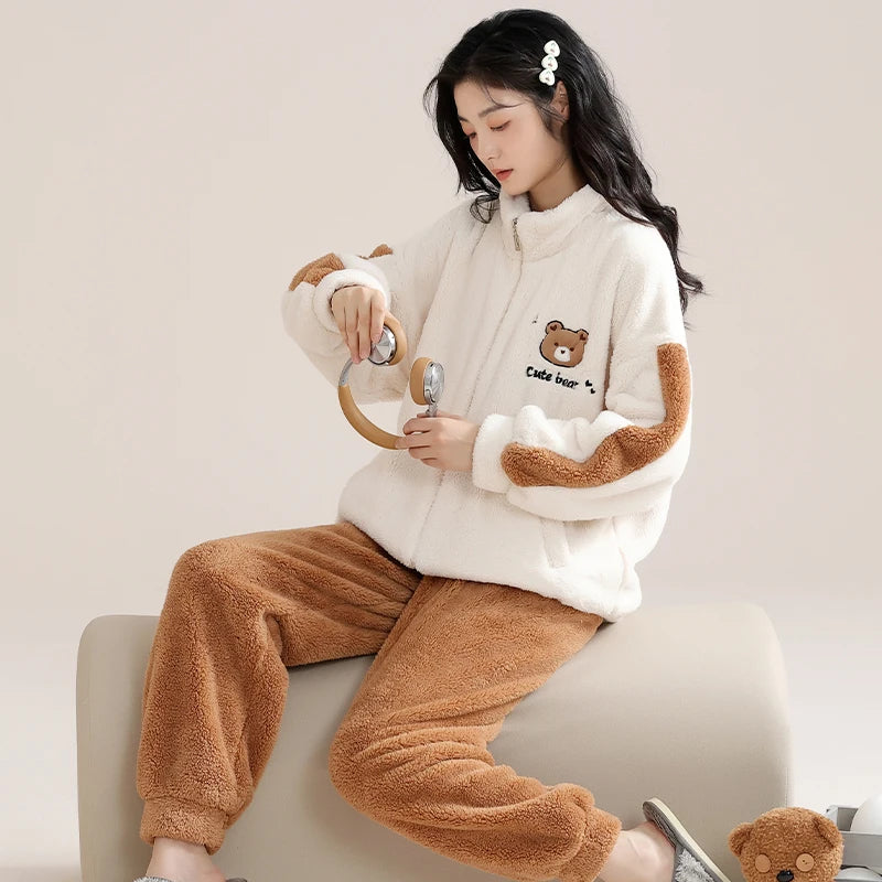 Winter Zipper Women Pajamas Set Flannel Warm Sleepwear Thicken Soft Coral Fleece Loungewear Cute Cartoon Bear Girl Pyjamas