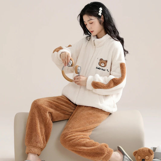 Winter Zipper Women Pajamas Set Flannel Warm Sleepwear Thicken Soft Coral Fleece Loungewear Cute Cartoon Bear Girl Pyjamas