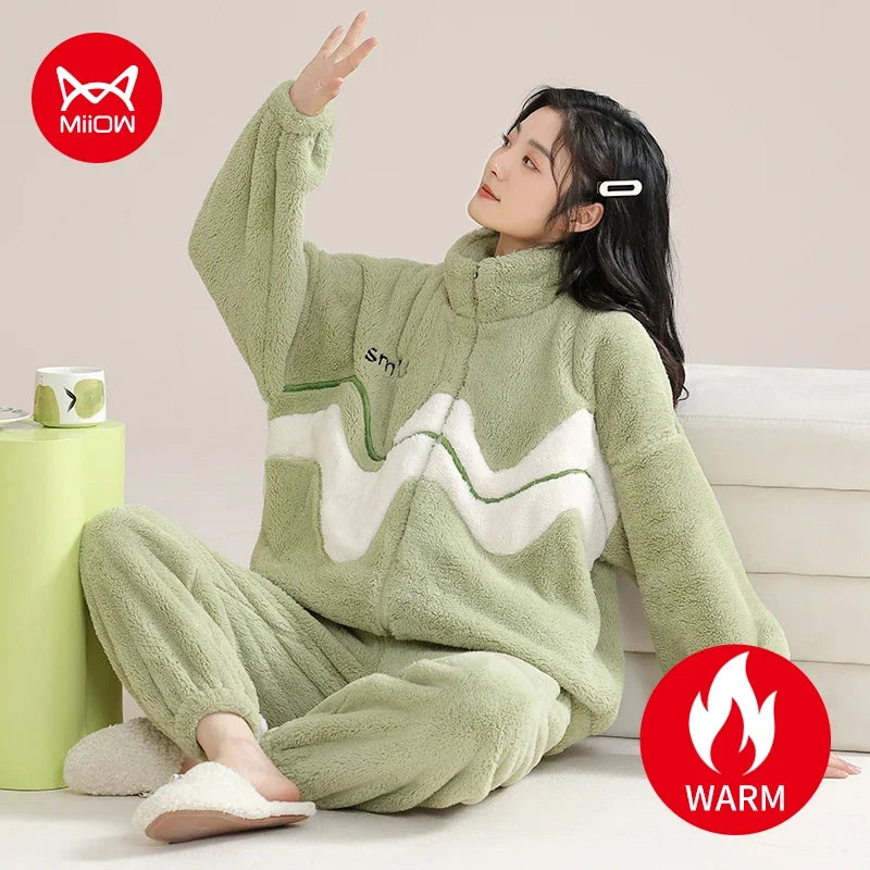 Flannel Winter Women's Pajamas Set Warm Coral Fleece Zipper Ladies Loungewear Cute Bunny Girl Sleepwear Loose Home Suits