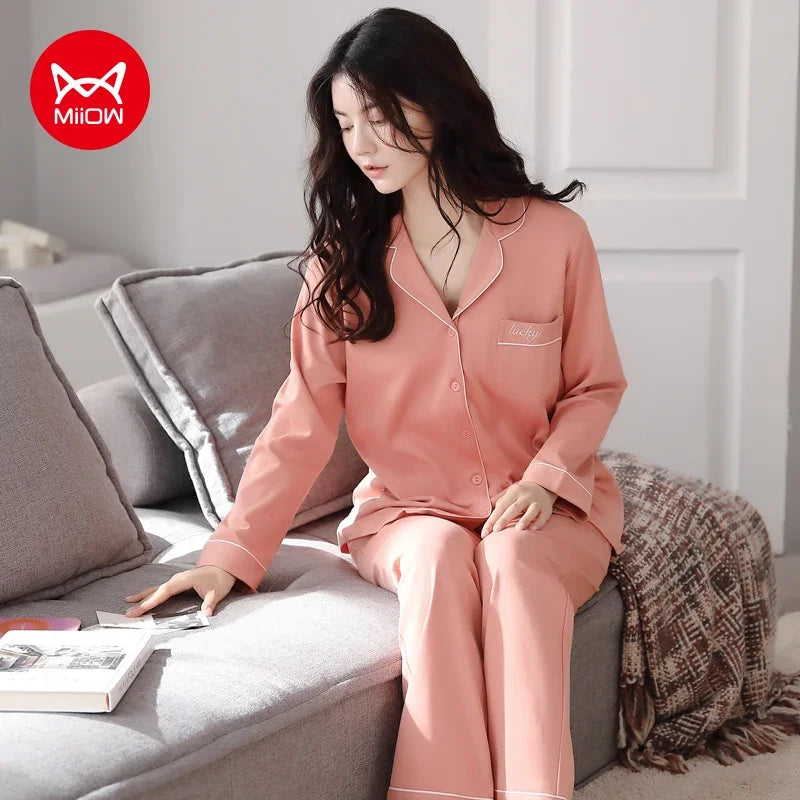 Winter Women's Pajamas Set Cotton Loungewear Female Sexy Orange Ladies Turn-down Collar Sleepwear Loose Long-sleeve Pajama