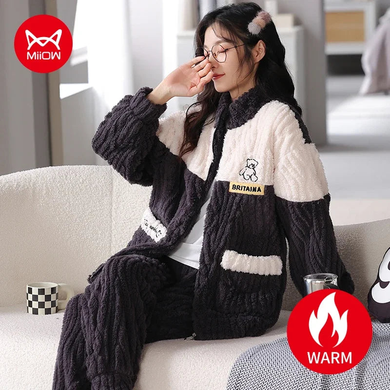 Winter Flannel Warm Women's Pajamas Set Pink Zipper Long-sleeves Sleepwear Thicken Coral Fleece Loungewear Female Pajamas